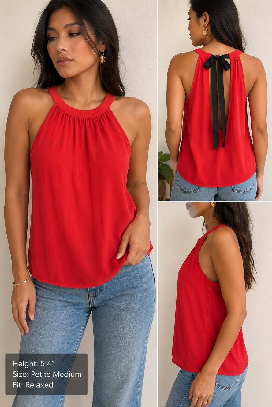 Halogen Red Sleeveless Halter Neck Bow Back Blouse Size M Petite